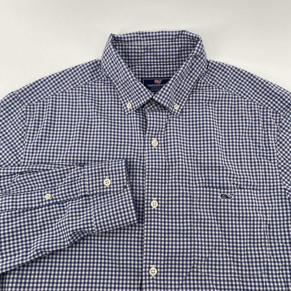 Vineyard Vines Shirt Mens Medium Blue Check Performance Classic‎ Fit Tucker Golf